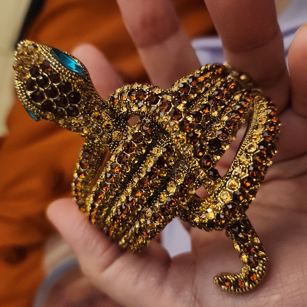 VINTAGE 1950's GOLD&COPPER CRYSTAL HINGED CUFF SNAKE BRACELET-Excellent Shape